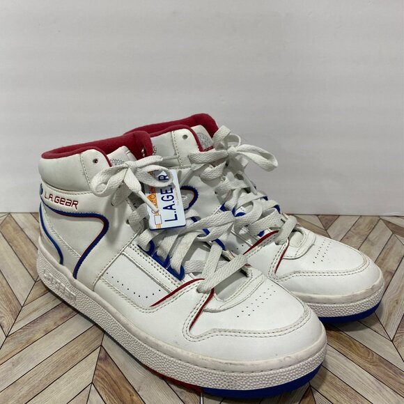 L.A Gear Skechers High-Top White Leather Sneakers With Red Blue Accents Size 6.5 - Picture 1 of 13